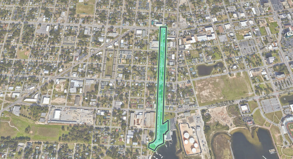 An aerial view depicting the extents of a utility locating job site in Pensacola, Florida.