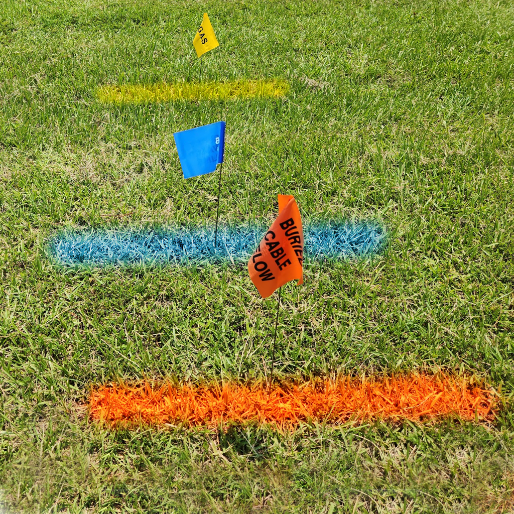 Utility locating paint marks and flags marking the underground location of a gas line, water line, and communications line.